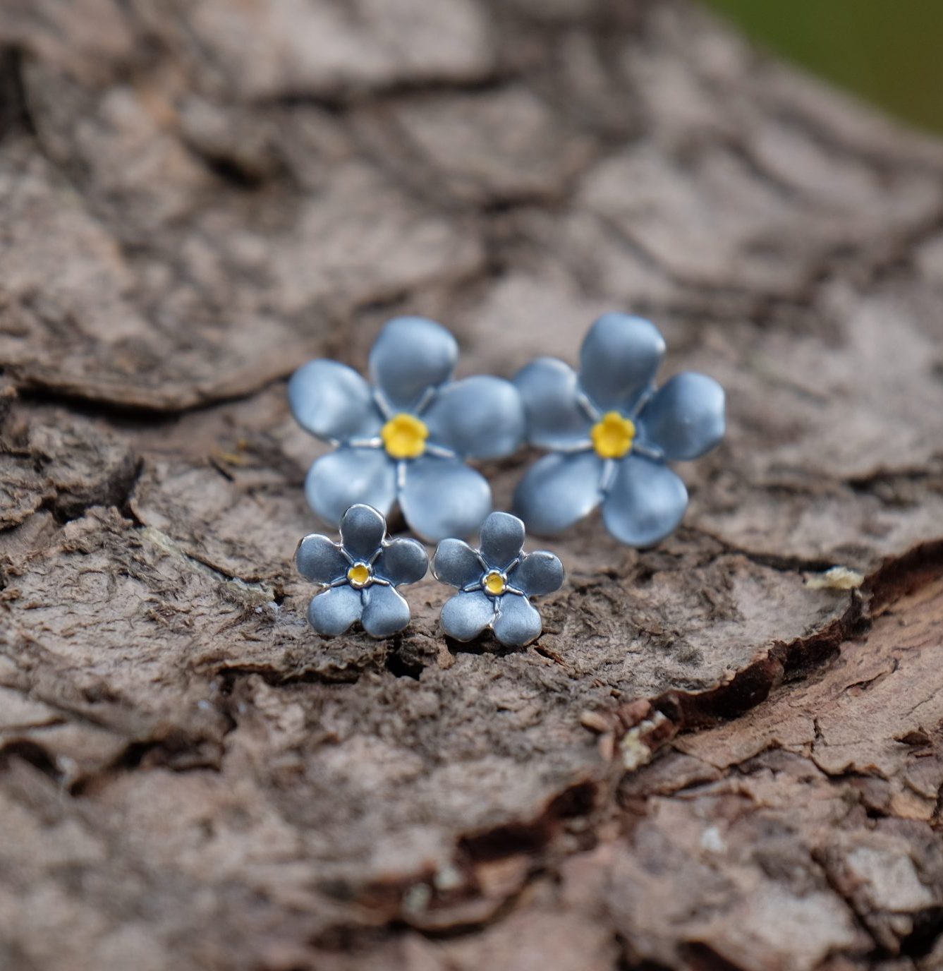 Forget Me Not Stud Earrings, Mini and Standard on Tree Bark