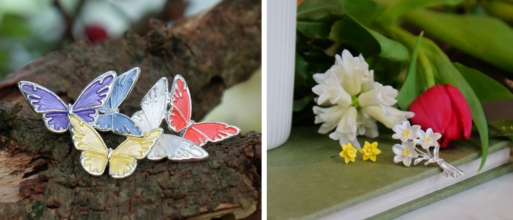 Alexander Thurlow Butterfly Insect Brooch and Daffodil Earrings and Brooch