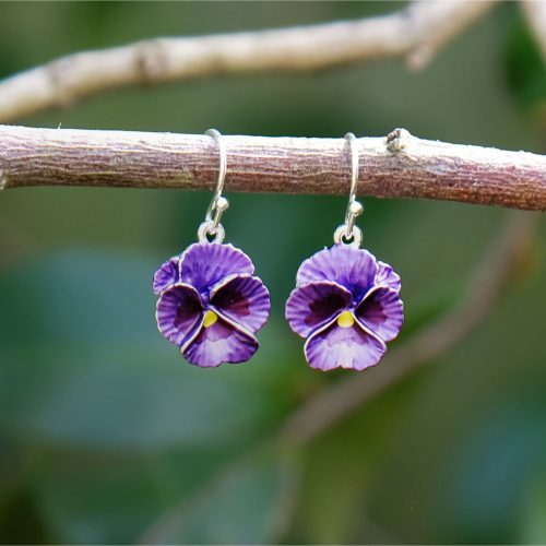 Alexander Thurlow Purple Pansy Flower Drop Earrings on a Branch ATH508