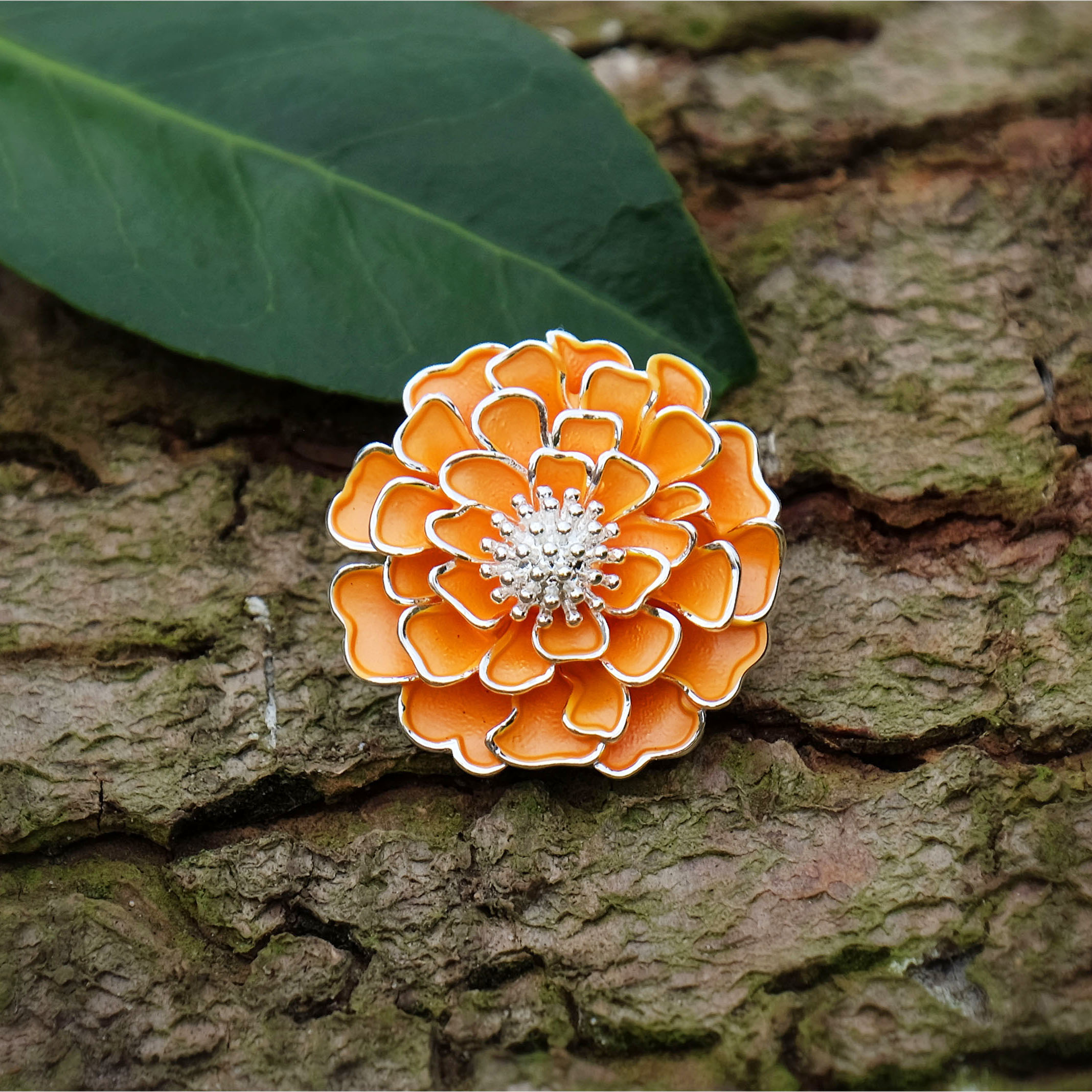 Alexander Thurlow Marigold Orange Flower Brooch on Bark ATH696