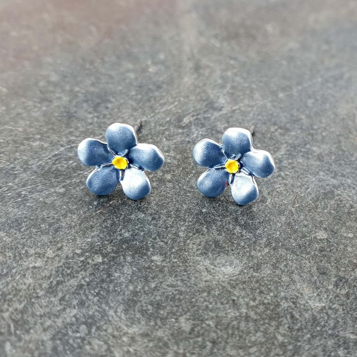 Alexander Thurlow Mini Blue Forget Me Not Flower Stud Earrings on Slate ATH760