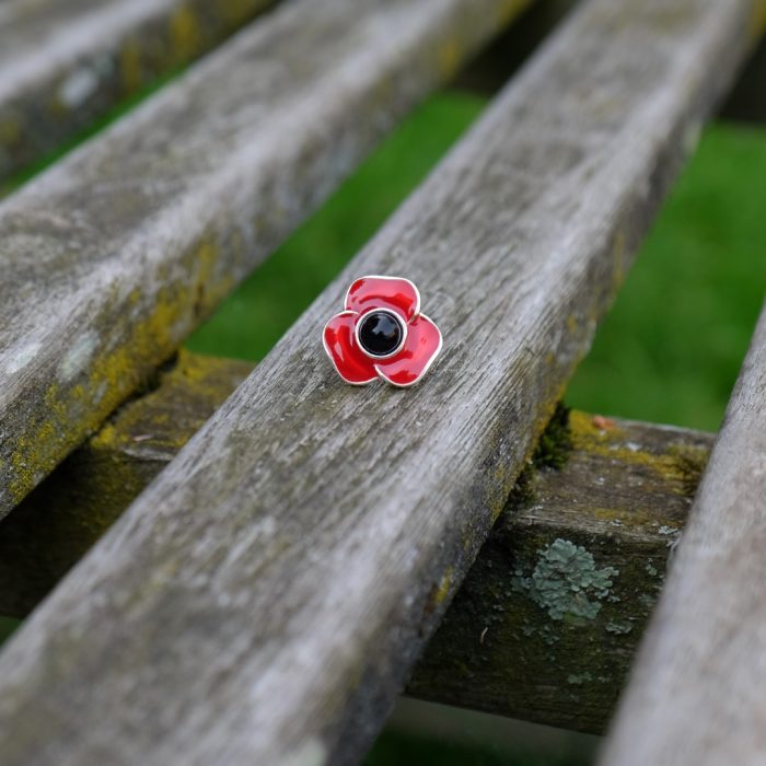 Alexander Thurlow Red Poppy Flower Lapel Pin Brooch on Bench L5295S