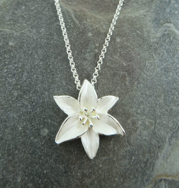 Alexander Thurlow White Lily Pendant Necklace on slate ATH751