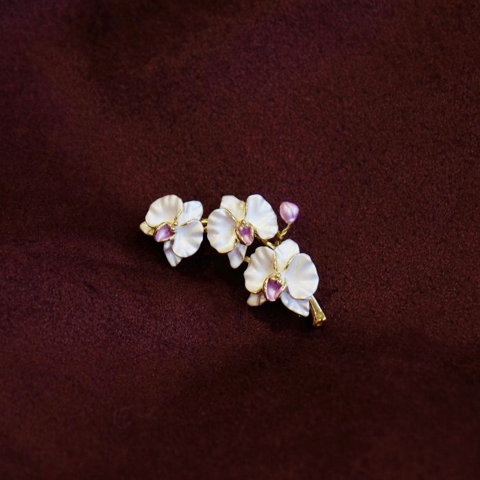 Alexander Thurlow Pale Pink Orchid Spray Brooch on Burgundy Fabric ATH966