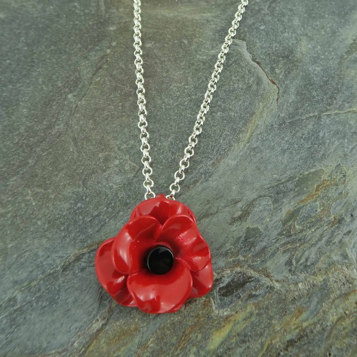 Alexander Thurlow Classic Red Poppy Flower Necklace on Slate ATH223