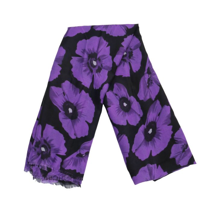 Alexander Thurlow Mid weight Purple Poppy Flower Black Scarf on a White Background ATH900