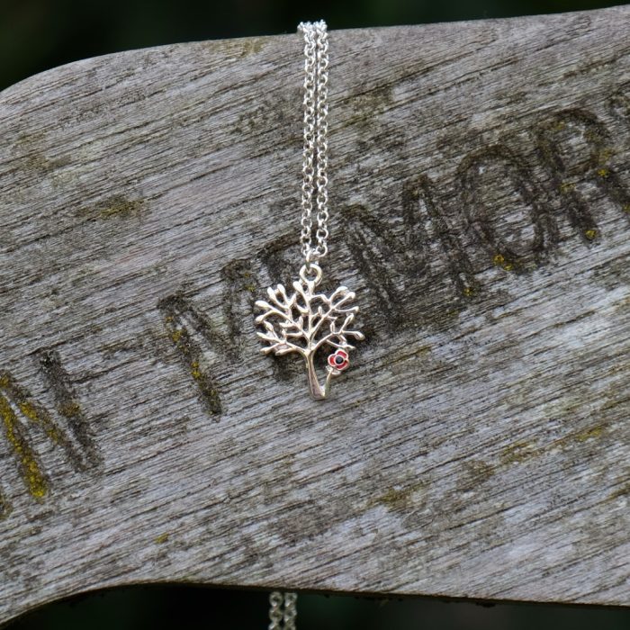 Alexander Thurlow Tree of Life with Red Poppy Flower Necklace on a Bench ATH105